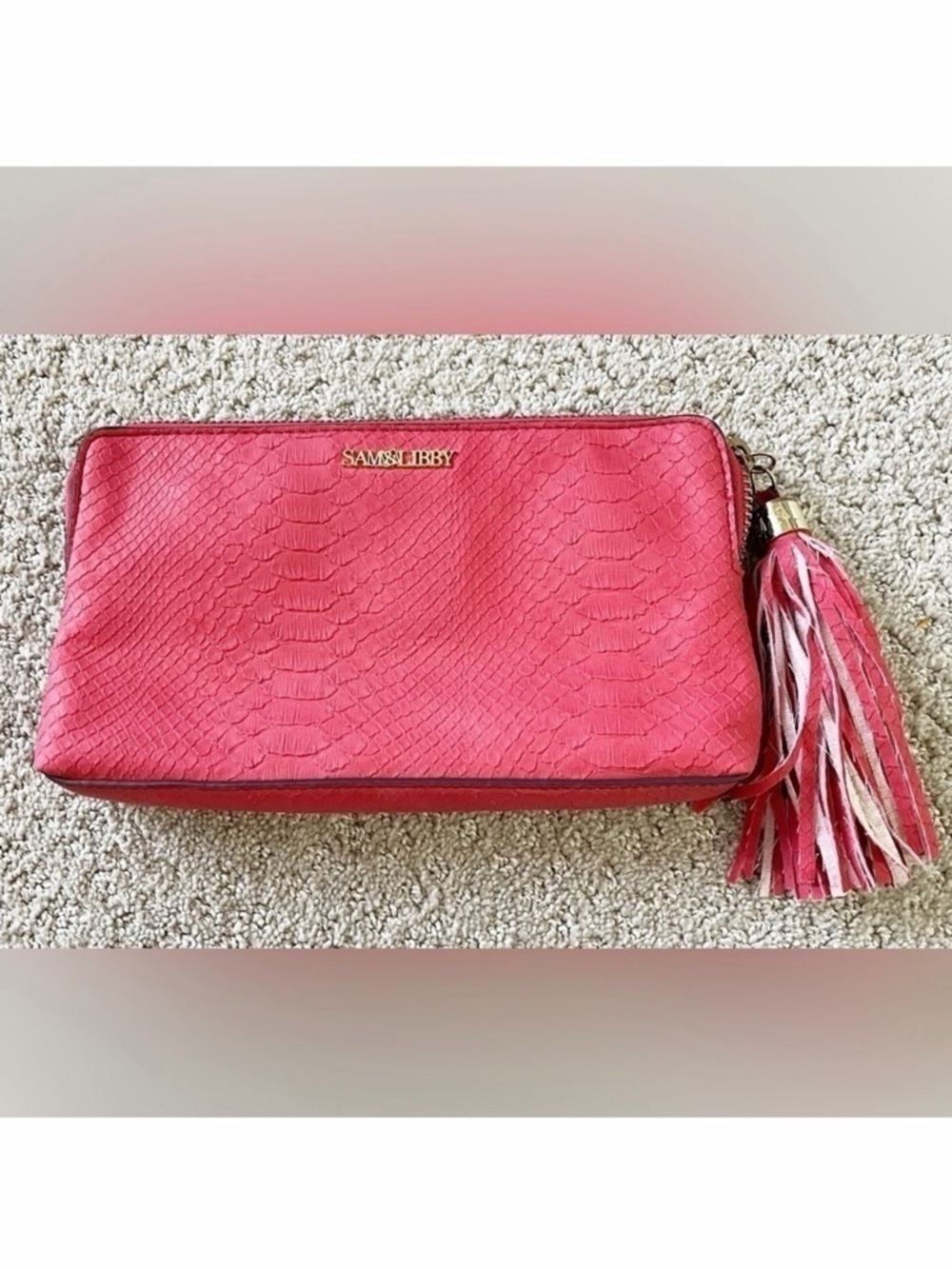 Sam and Libby Cherry Red Faux Leather Clutch Snakeskin Tassel Strap Holiday